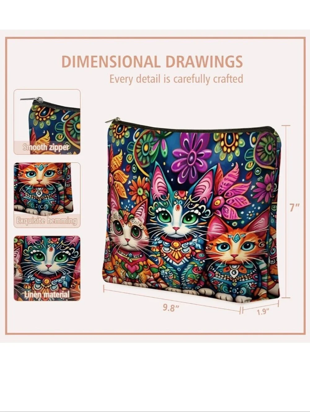 Colorful Floral Cats Zippered Pet Accessory Pouch